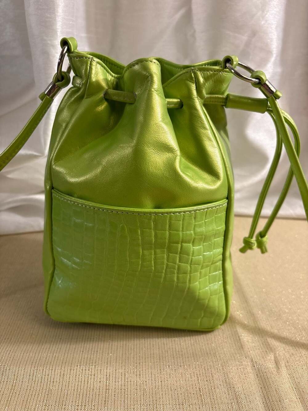 Green Metallic Faux Leather Drawstring Bucket Bag
